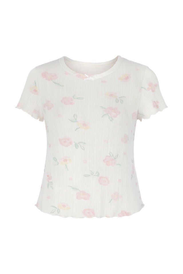 Kadın Pamuklu Çiçek Desenli Kısa Kollu Şortlu Pijama Takımı Pembe -  Beyaz - S