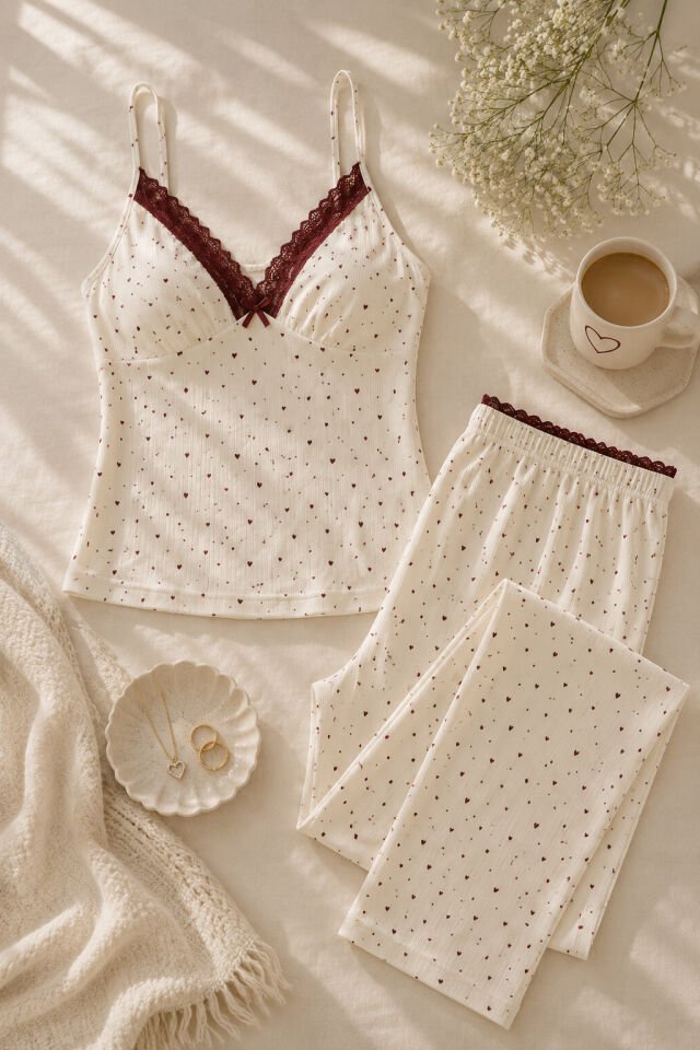 Kadın Pamuklu Kaplı Askılı Dantelli Pijama Takımı
