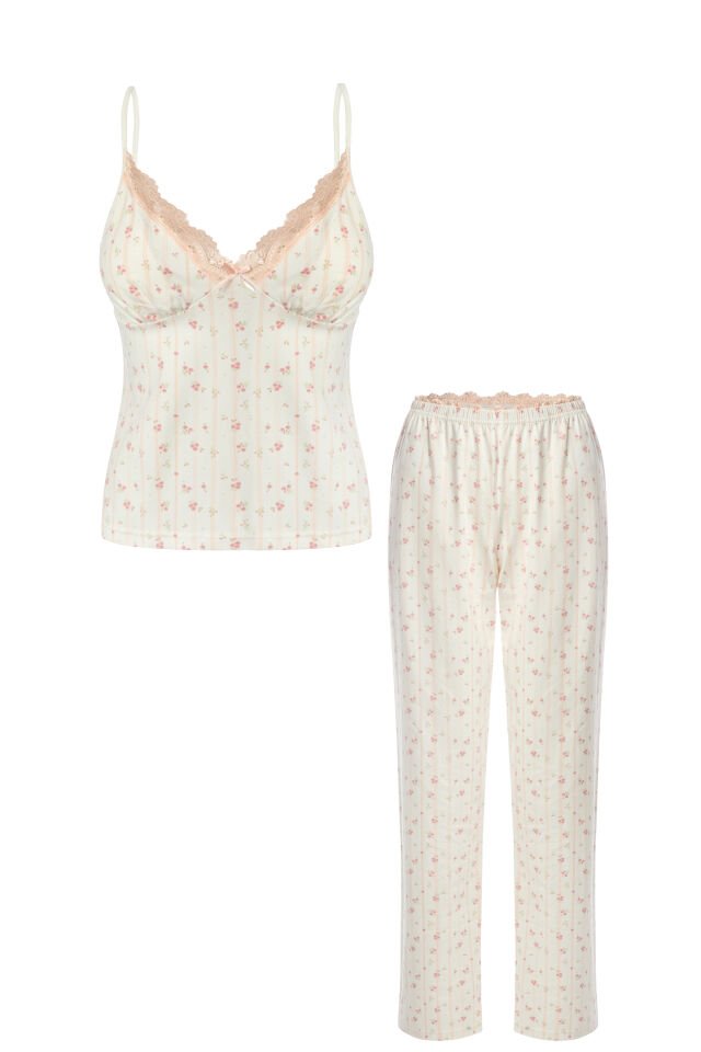Kadın Pamuklu Kaplı Askılı Dantelli Pijama Takımı