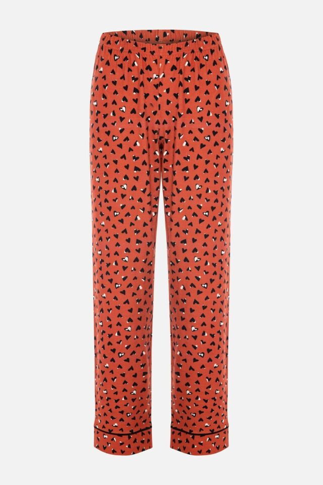 Kadın Pamuklu Kalp Desenli Ara Biyeli Gömlek Yaka Uzun Kollu Pijama Takımı