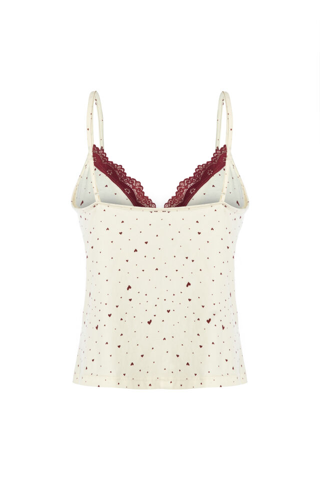 Kadın Pamuklu Kaplı Askılı Dantelli Pijama Takımı Ekru -  Bordo - M