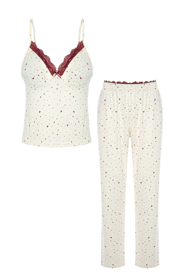 Kadın Pamuklu Kaplı Askılı Dantelli Pijama Takımı Ekru -  Bordo - M