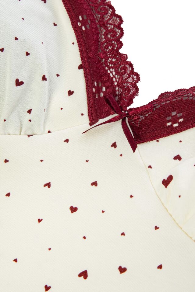 Kadın Pamuklu Kaplı Askılı Dantelli Pijama Takımı Ekru -  Bordo - M