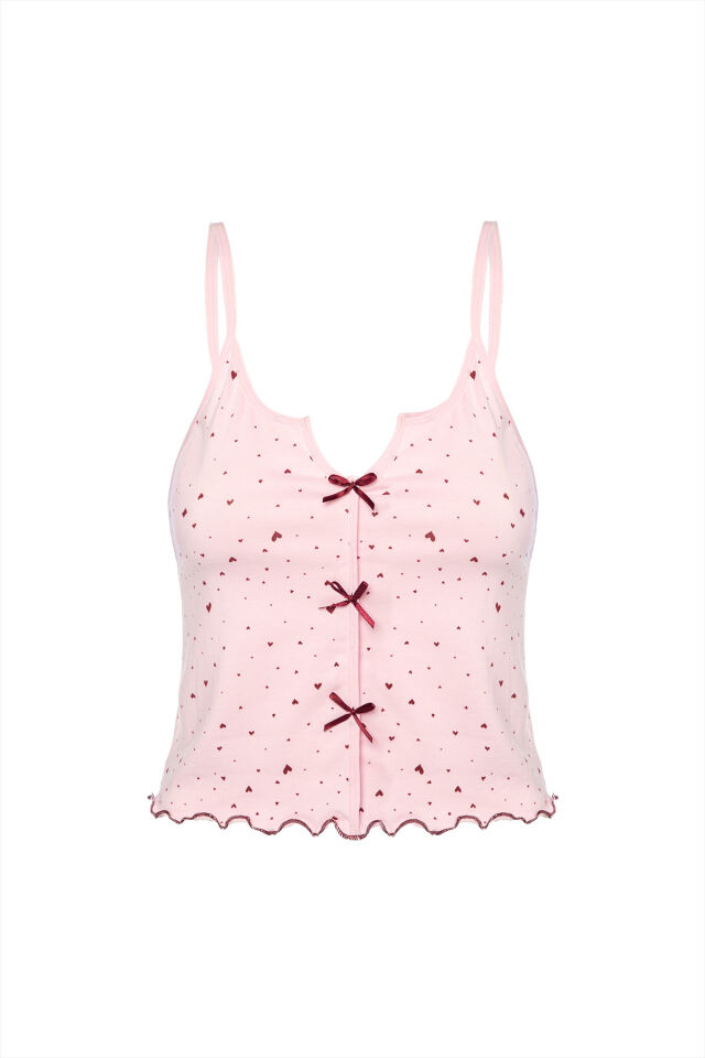 Kadın Çiçek Desenli Gül Fiyonklu İp Askılı Şort Takım Pembe - Bordo - S