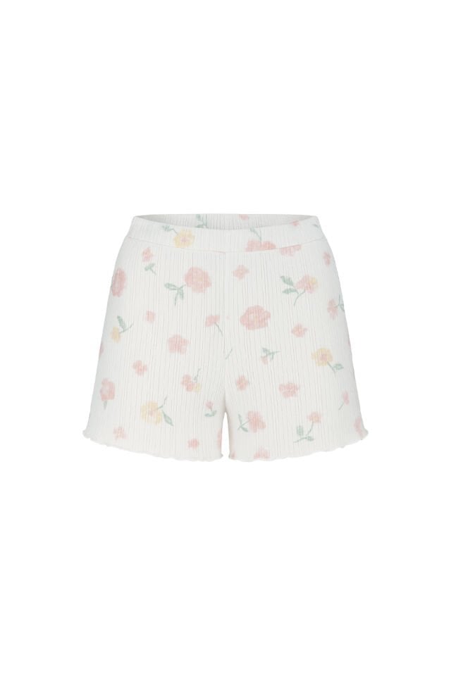 Kadın Pamuklu Çiçek Desenli Kısa Kollu Şortlu Pijama Takımı Pembe -  Beyaz - XL