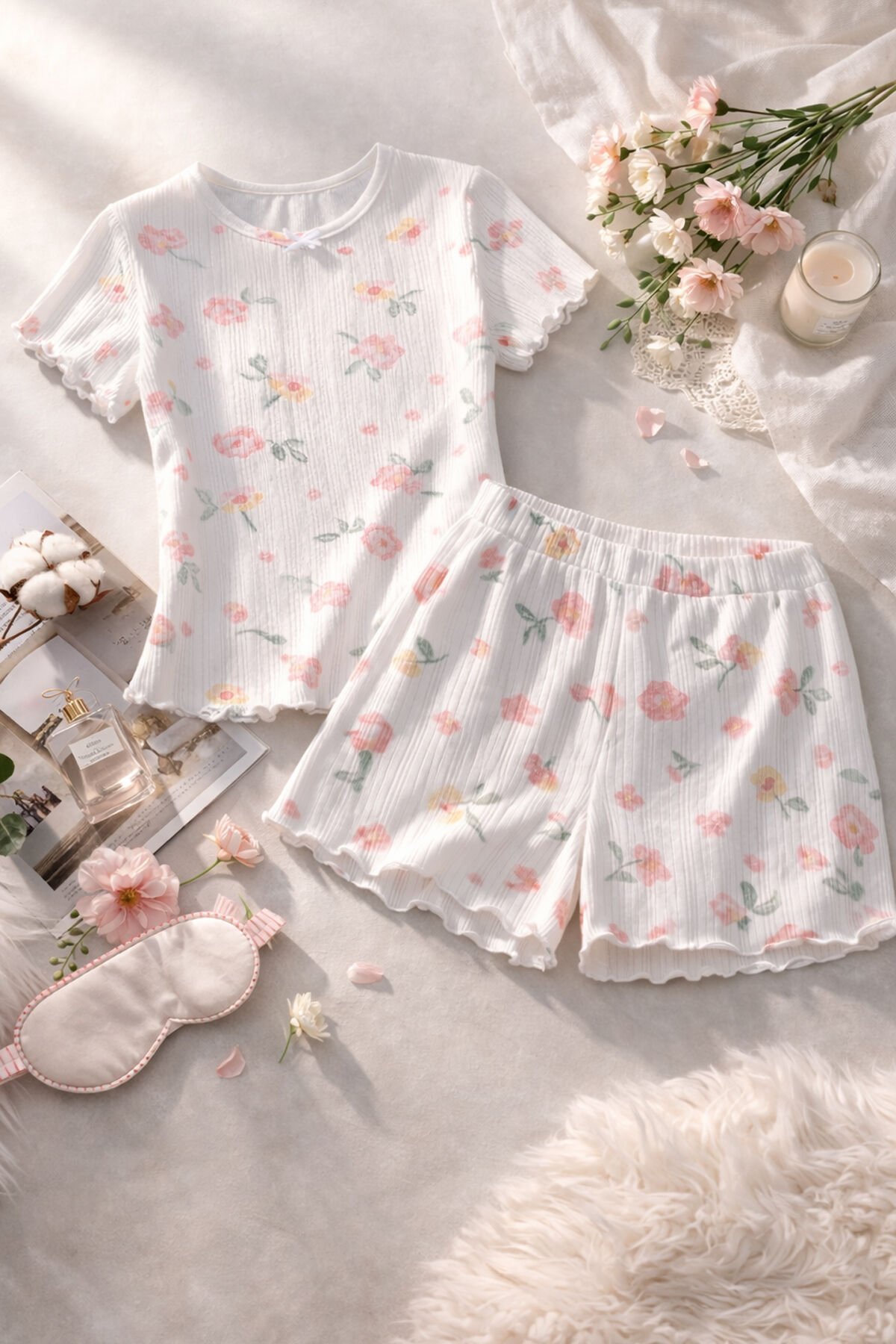 Kadın Pamuklu Çiçek Desenli Kısa Kollu Şortlu Pijama Takımı Pembe -  Beyaz - XL