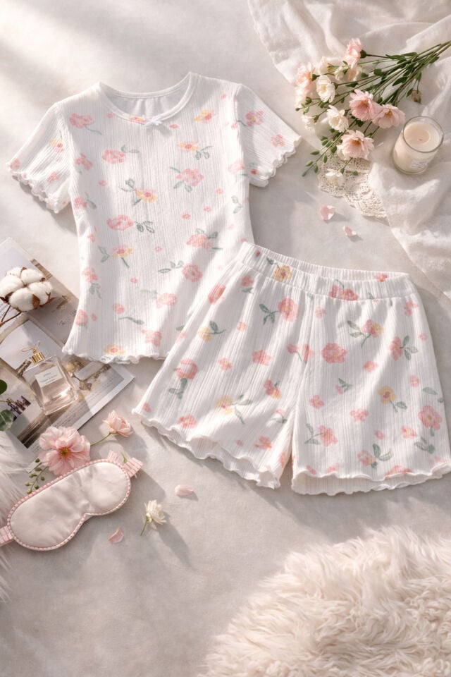 Kadın Pamuklu Çiçek Desenli Kısa Kollu Şortlu Pijama Takımı Pembe -  Beyaz - XL