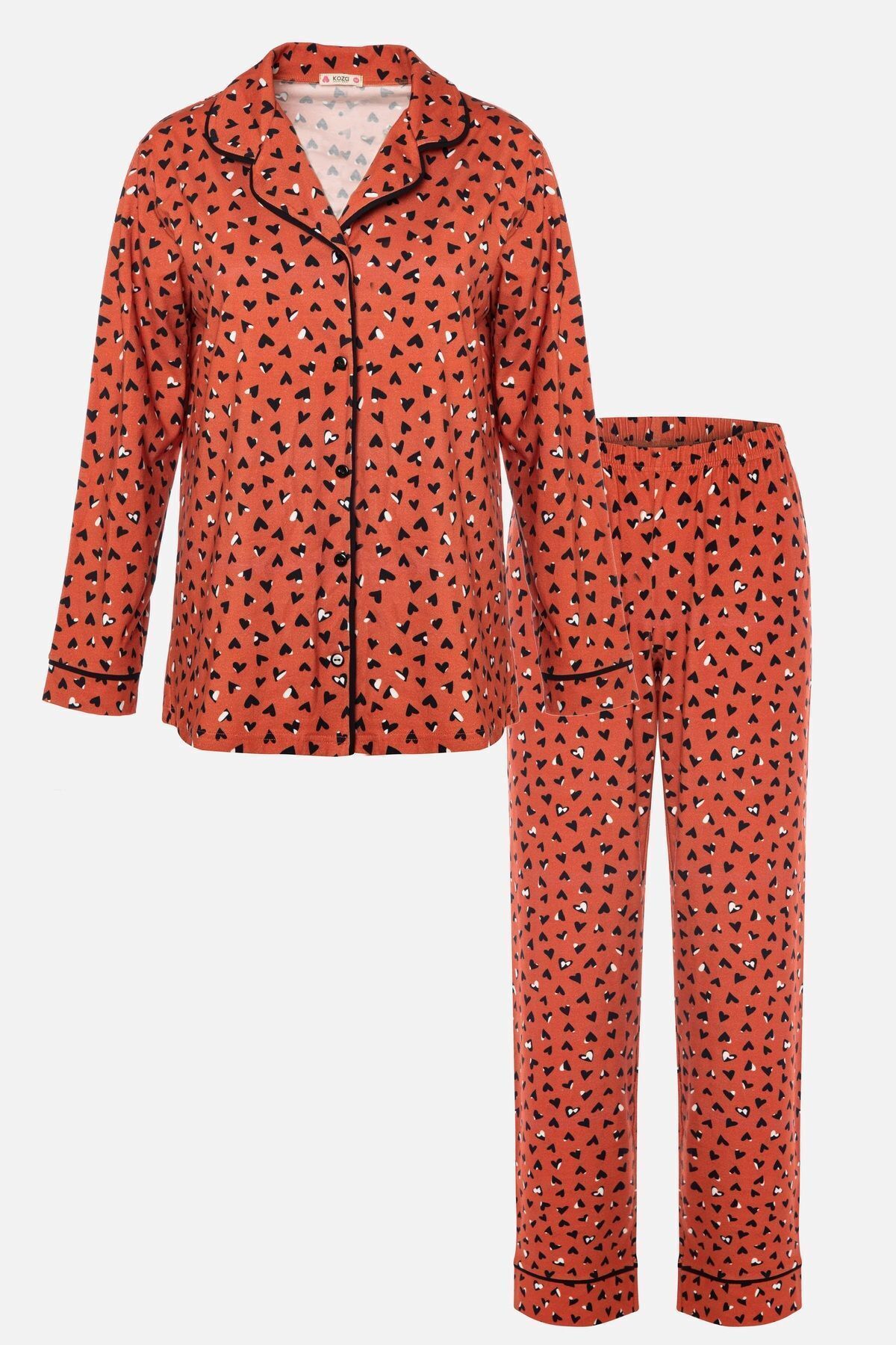 Kadın Pamuklu Kalp Desenli Ara Biyeli Gömlek Yaka Uzun Kollu Pijama Takımı Desenli - L