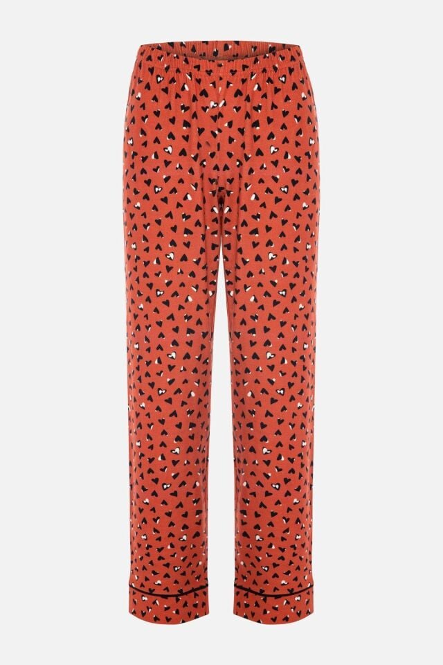 Kadın Pamuklu Kalp Desenli Ara Biyeli Gömlek Yaka Uzun Kollu Pijama Takımı Desenli - L