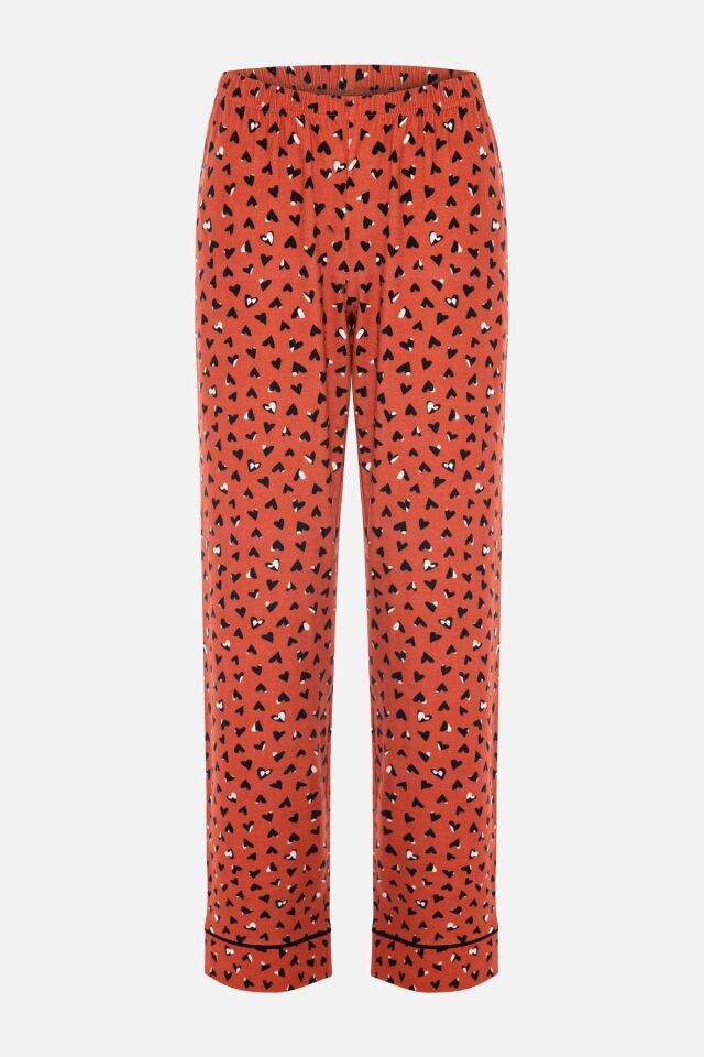 Kadın Pamuklu Kalp Desenli Ara Biyeli Gömlek Yaka Uzun Kollu Pijama Takımı Desenli - S