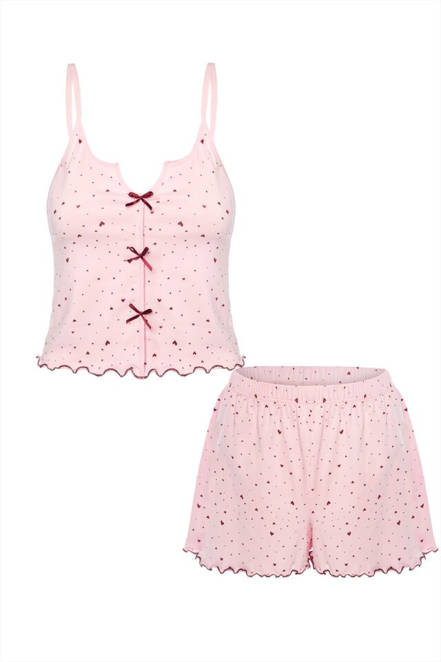 Kadın Çiçek Desenli Gül Fiyonklu İp Askılı Şort Takım Pembe - Bordo - XL