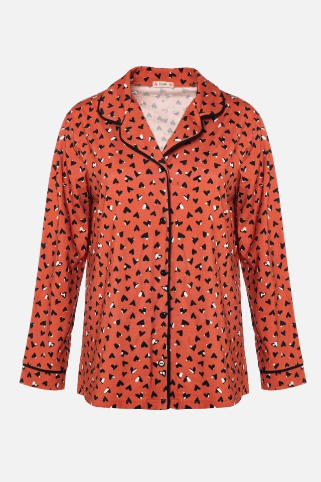 Kadın Pamuklu Kalp Desenli Ara Biyeli Gömlek Yaka Uzun Kollu Pijama Takımı Desenli - XL