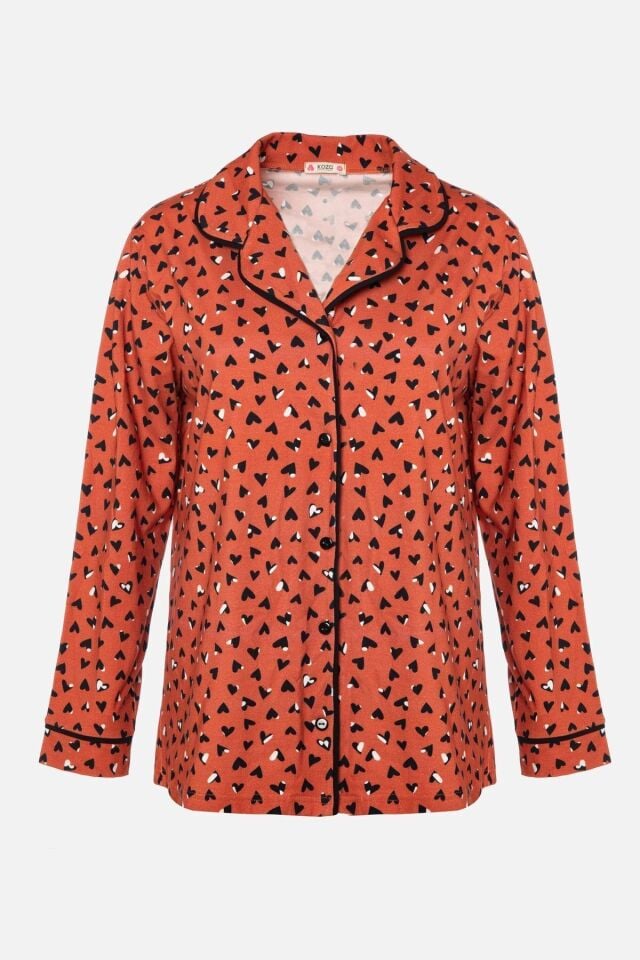 Kadın Pamuklu Kalp Desenli Ara Biyeli Gömlek Yaka Uzun Kollu Pijama Takımı Desenli - XL