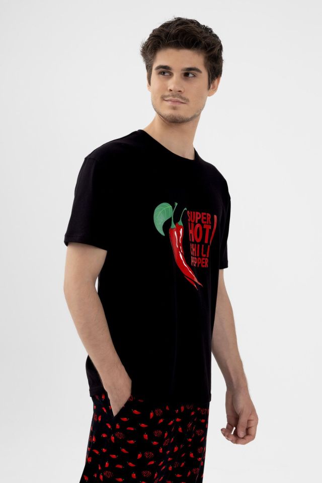 Sevgililer Günü Temalı Erkek Pamuklu Kısa Kollu Chilli Baskılı Cep Detaylı Pijama Takımı