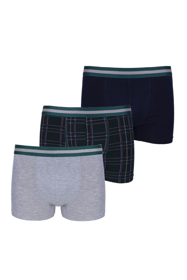 Erkek 3'lü Pamuklu Likralı Boxer Gri - Lacivert - 3XL