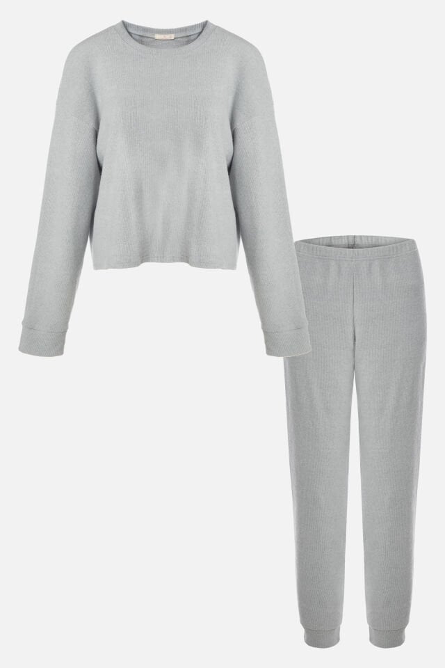 Kadın Soft Touch Kol ve Paça Bant Detaylı Pembe Renk Pijama Takımı Gri - L