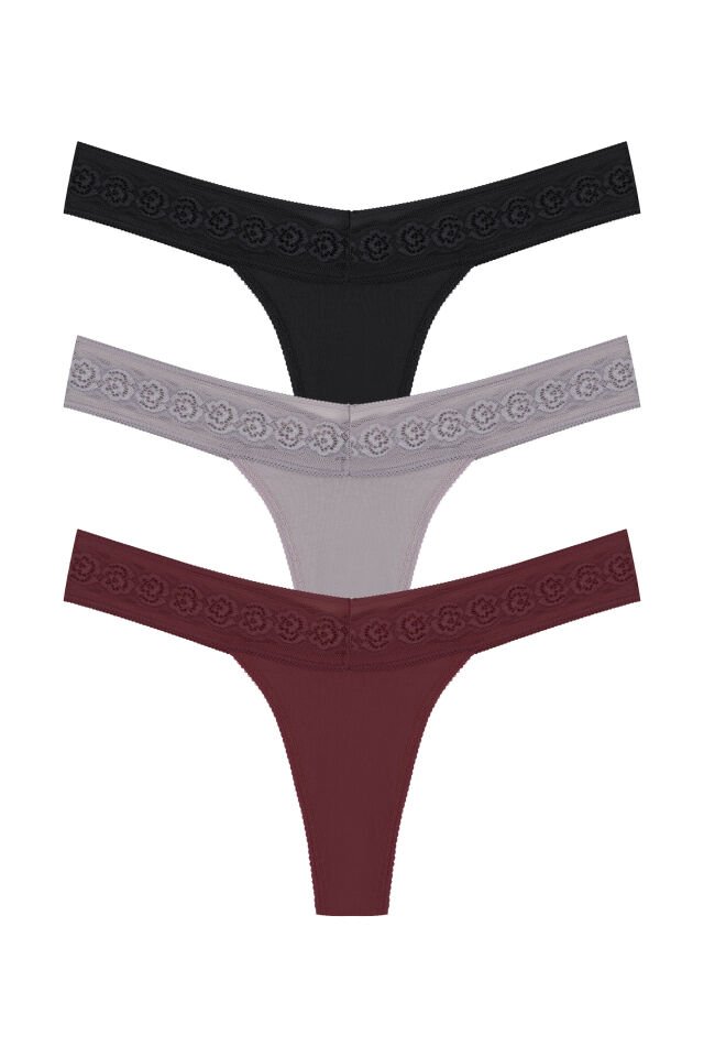 Kadın 3'lü  Beli Dantelli Pamuklu Tanga Külot Siyah - Kırmızı - S - M