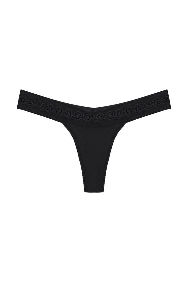 Kadın 3'lü  Beli Dantelli Pamuklu Tanga Külot Siyah - Kırmızı - S - M