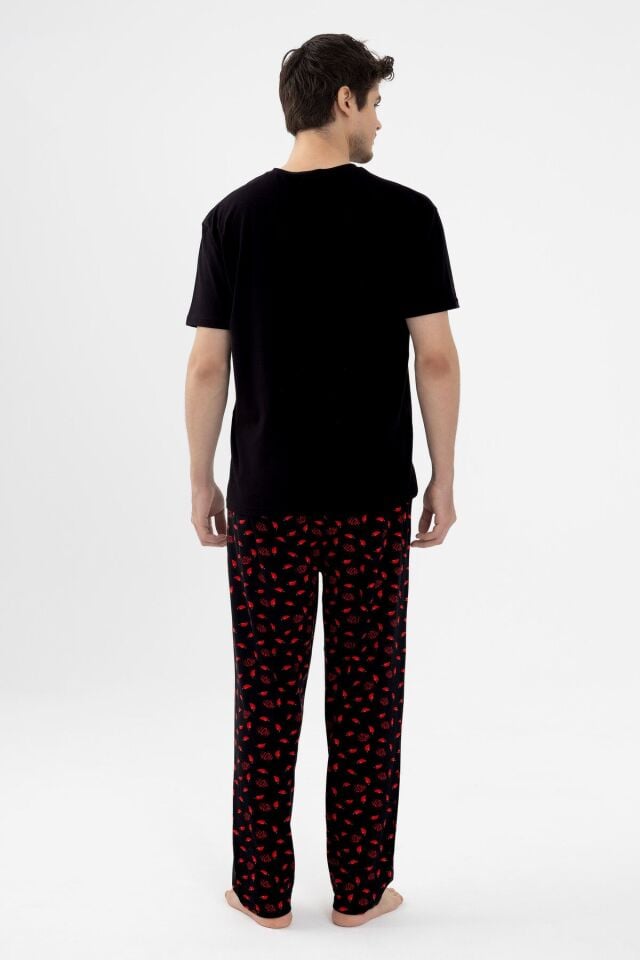Sevgililer Günü Temalı Erkek Pamuklu Kısa Kollu Chilli Baskılı Cep Detaylı Pijama Takımı Kırmızı - Siyah - M