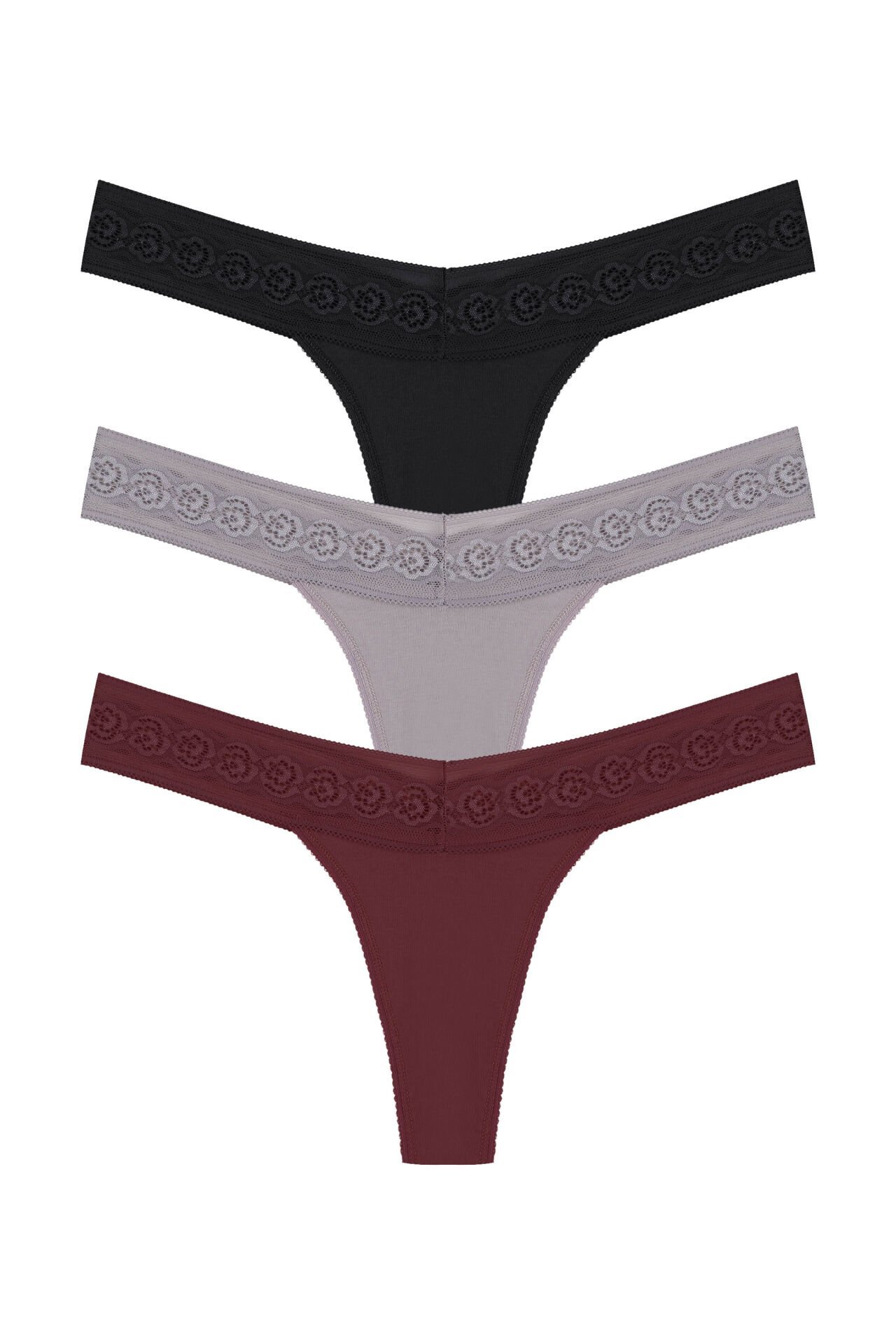 Kadın 3'lü  Beli Dantelli Pamuklu Tanga Külot Siyah - Kırmızı - L - XL