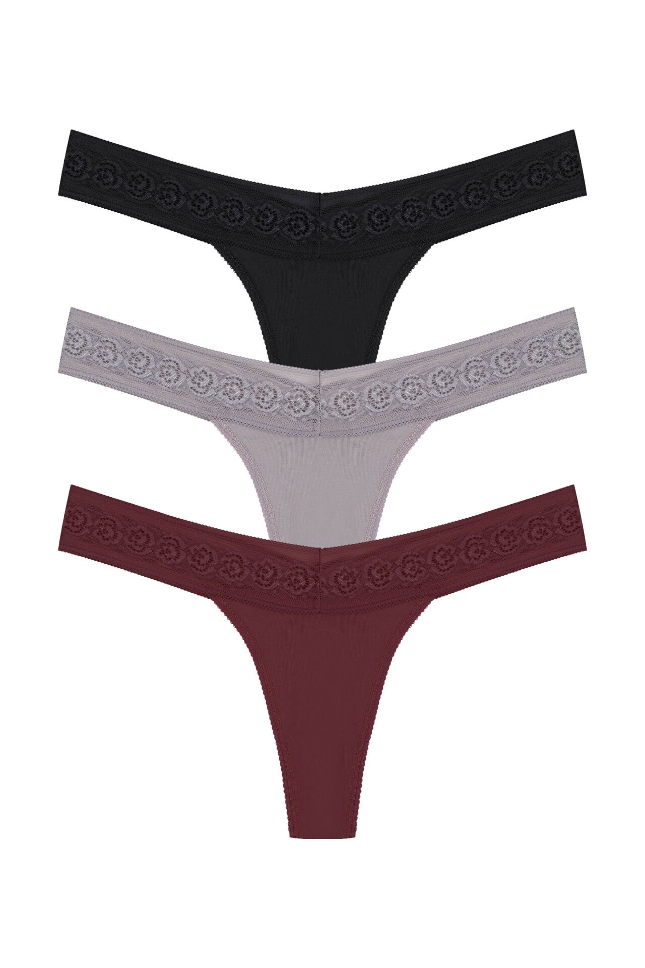 Kadın 3'lü  Beli Dantelli Pamuklu Tanga Külot Siyah - Kırmızı - L - XL