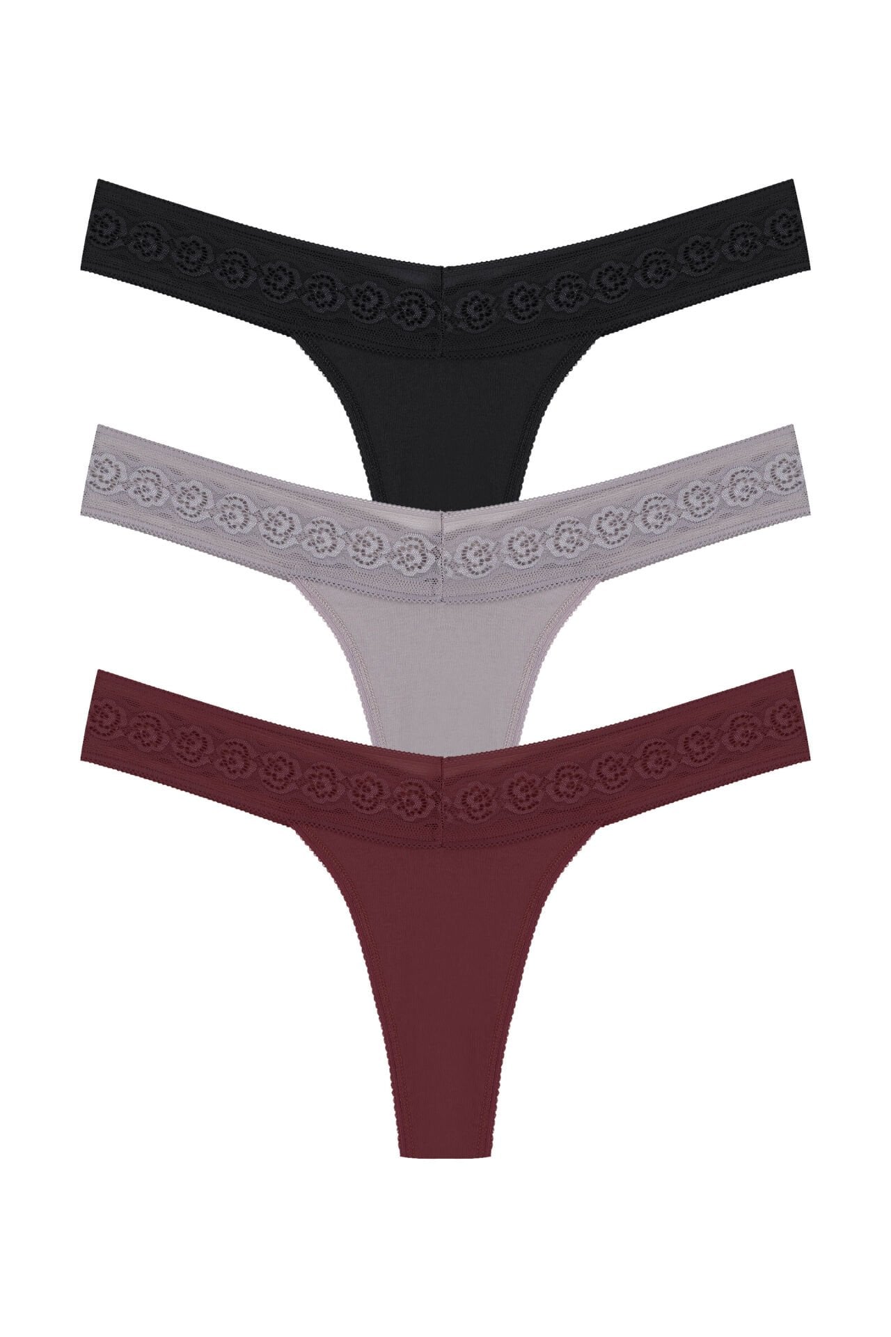 Kadın 3'lü  Beli Dantelli Pamuklu Tanga Külot Siyah - Kırmızı - L - XL