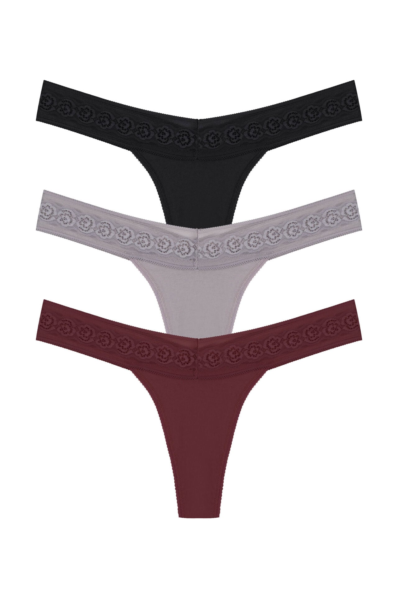 Kadın 3'lü  Beli Dantelli Pamuklu Tanga Külot Siyah - Kırmızı - L - XL