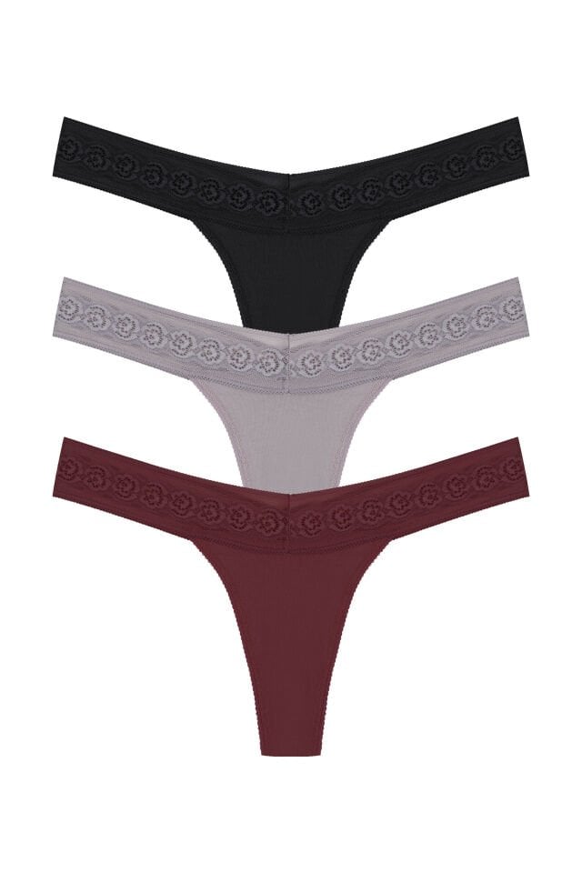 Kadın 3'lü  Beli Dantelli Pamuklu Tanga Külot Siyah - Kırmızı - L - XL
