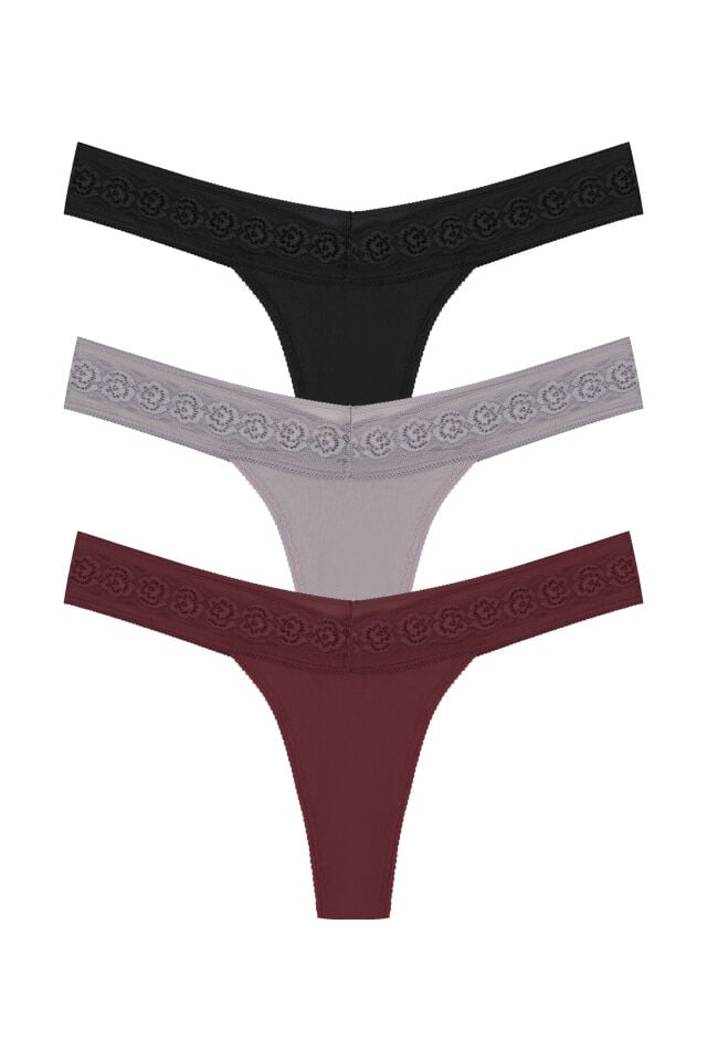 Kadın 3'lü  Beli Dantelli Pamuklu Tanga Külot Siyah - Kırmızı - L - XL