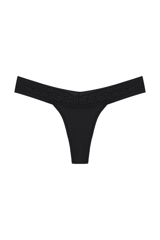 Kadın 3'lü  Beli Dantelli Pamuklu Tanga Külot Siyah - Kırmızı - L - XL