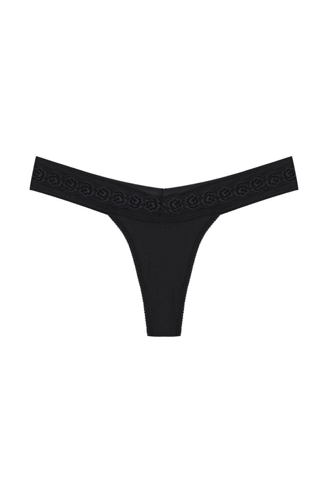 Kadın 3'lü  Beli Dantelli Pamuklu Tanga Külot Siyah - Kırmızı - L - XL