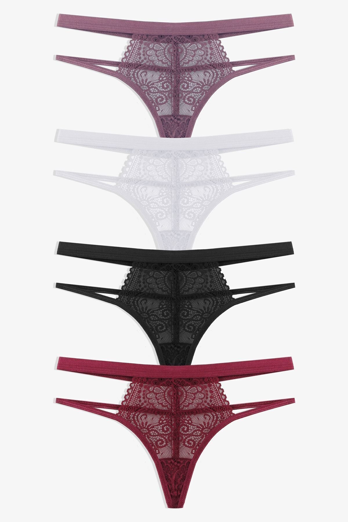 Kadın 4'lü Dantelli Arka İp Detaylı Fantezi Tanga M Beden
