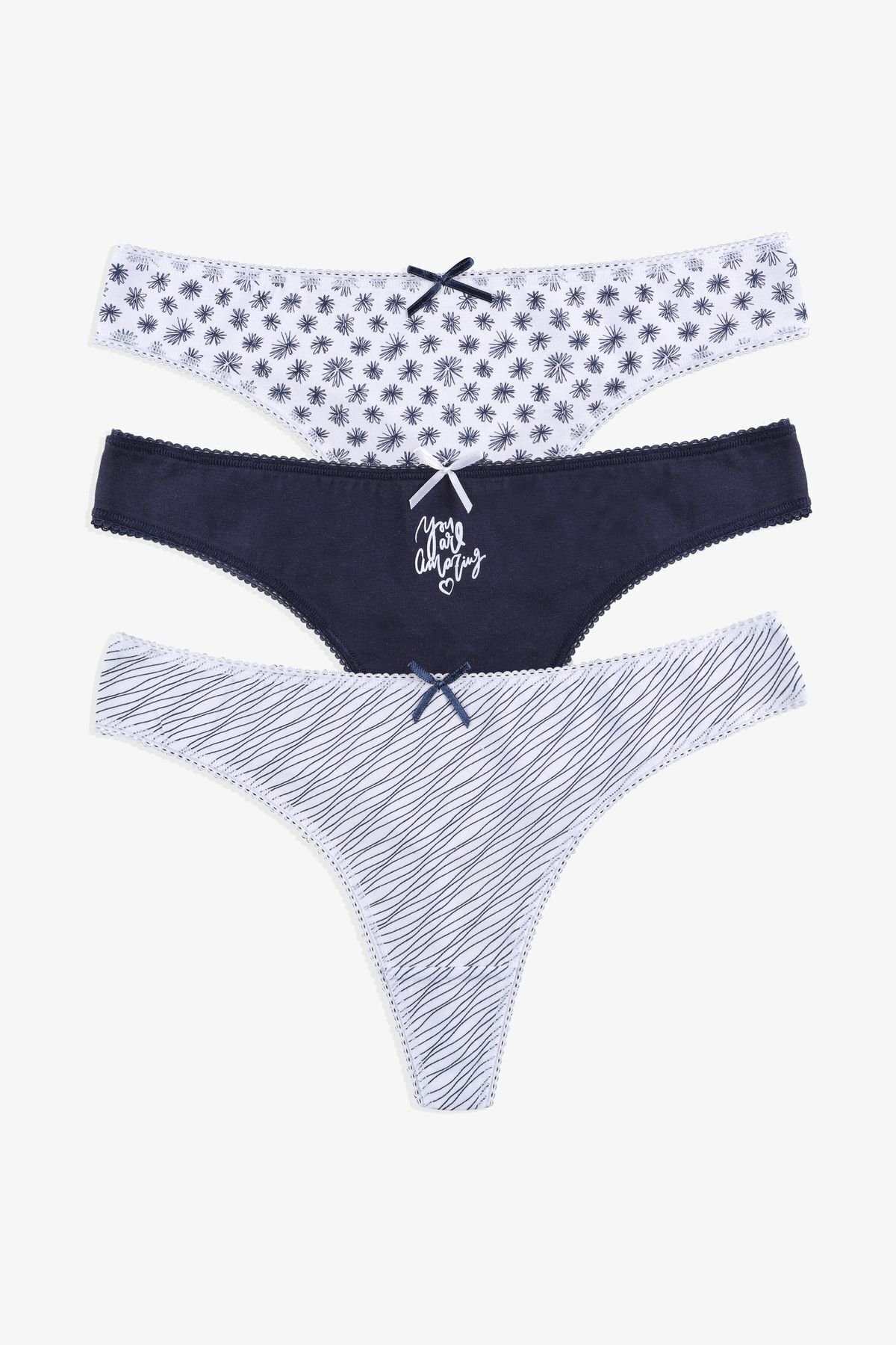 Kadın 3'lü Pamuklu Desenli Tanga 11030-26 - L/XL - 11030-26 - L/XL