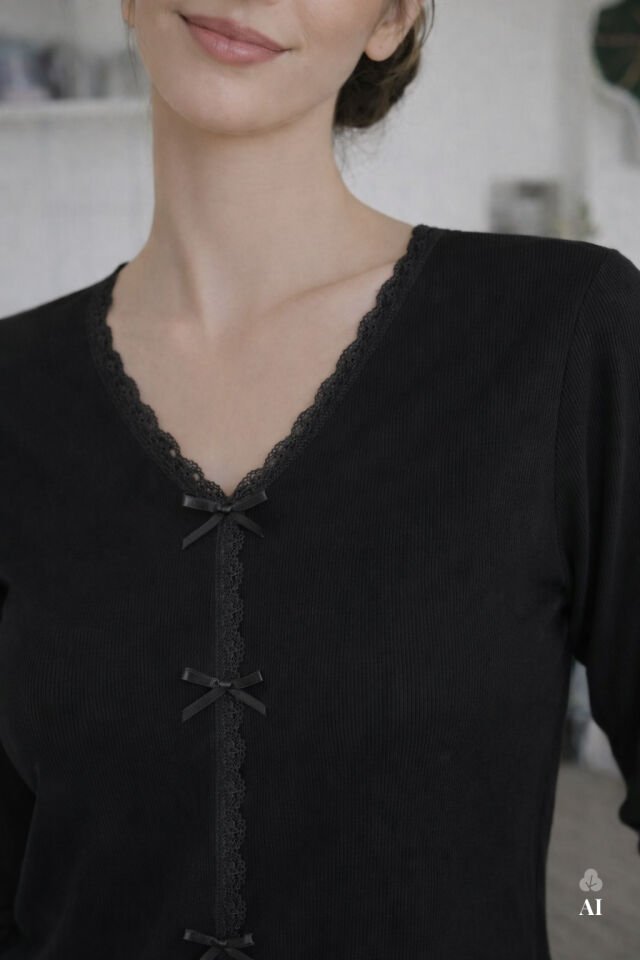 Sevgililer Günü Temalı Kadın Pamuklu Dantel ve Kurdele/Fiyonk Detaylı Kaşkorse Renkli Pijama Takımı S - Siyah