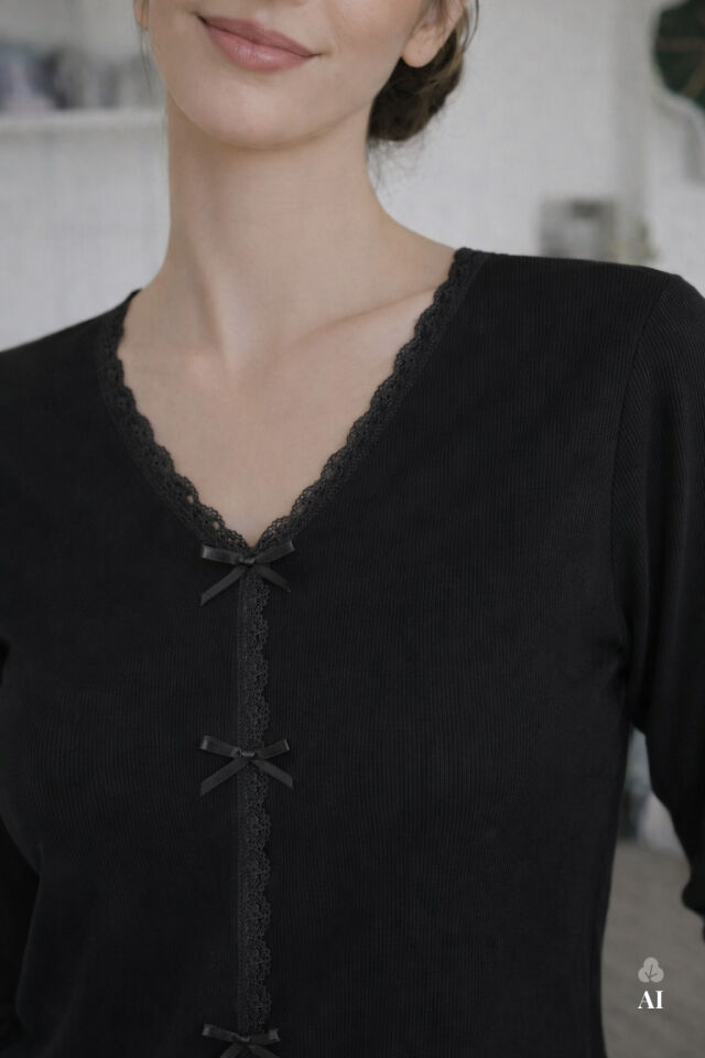 Sevgililer Günü Temalı Kadın Pamuklu Dantel ve Kurdele/Fiyonk Detaylı Kaşkorse Renkli Pijama Takımı M - Siyah