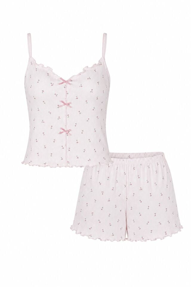 Kadın İnce Askılı Fiyonklu Pamuklu Şortlu Pijama Takımı Pembe  -  Ekru - XL