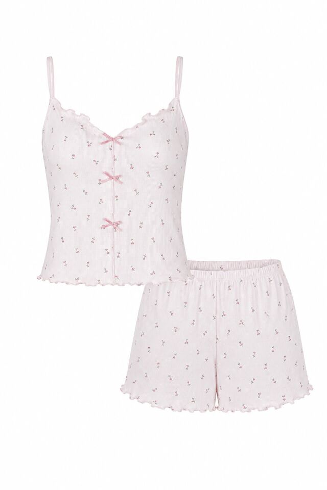 Kadın İnce Askılı Fiyonklu Pamuklu Şortlu Pijama Takımı Pembe  -  Ekru - XL