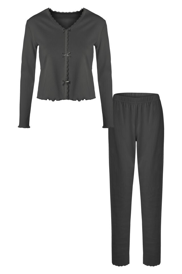 Sevgililer Günü Temalı Kadın Pamuklu Dantel ve Kurdele/Fiyonk Detaylı Kaşkorse Renkli Pijama Takımı XL - Siyah