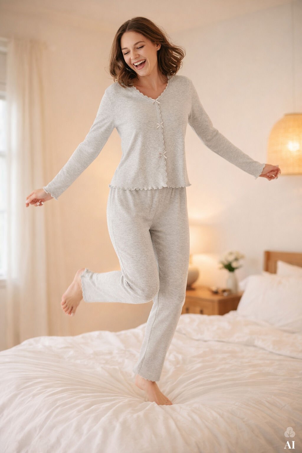 Sevgililer Günü Temalı Kadın Pamuklu Dantel ve Kurdele/Fiyonk Detaylı Kaşkorse Renkli Pijama Takımı M - Melanj