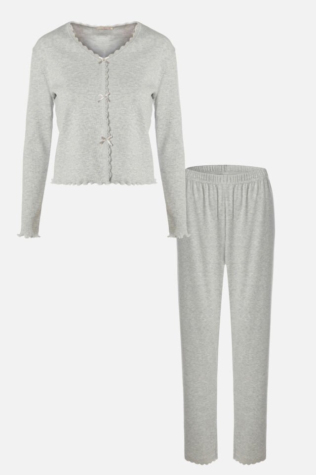 Sevgililer Günü Temalı Kadın Pamuklu Dantel ve Kurdele/Fiyonk Detaylı Kaşkorse Renkli Pijama Takımı L - Melanj