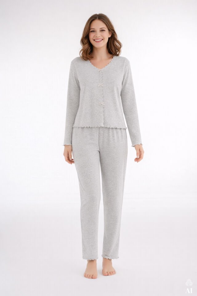 Sevgililer Günü Temalı Kadın Pamuklu Dantel ve Kurdele/Fiyonk Detaylı Kaşkorse Renkli Pijama Takımı XL - Melanj