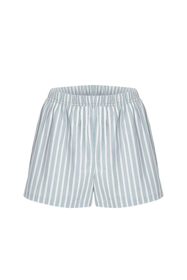 Kadın Pamuklu Çizgili Desenli İp Askılı Şortlu Pijama Takımı KO7203Ş-1 Mavi - M