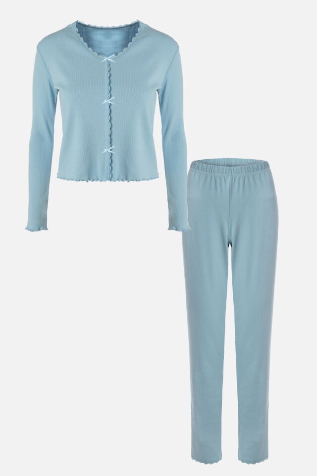 Sevgililer Günü Temalı Kadın Pamuklu Dantel ve Kurdele/Fiyonk Detaylı Kaşkorse Renkli Pijama Takımı M - Bebe Mavisi