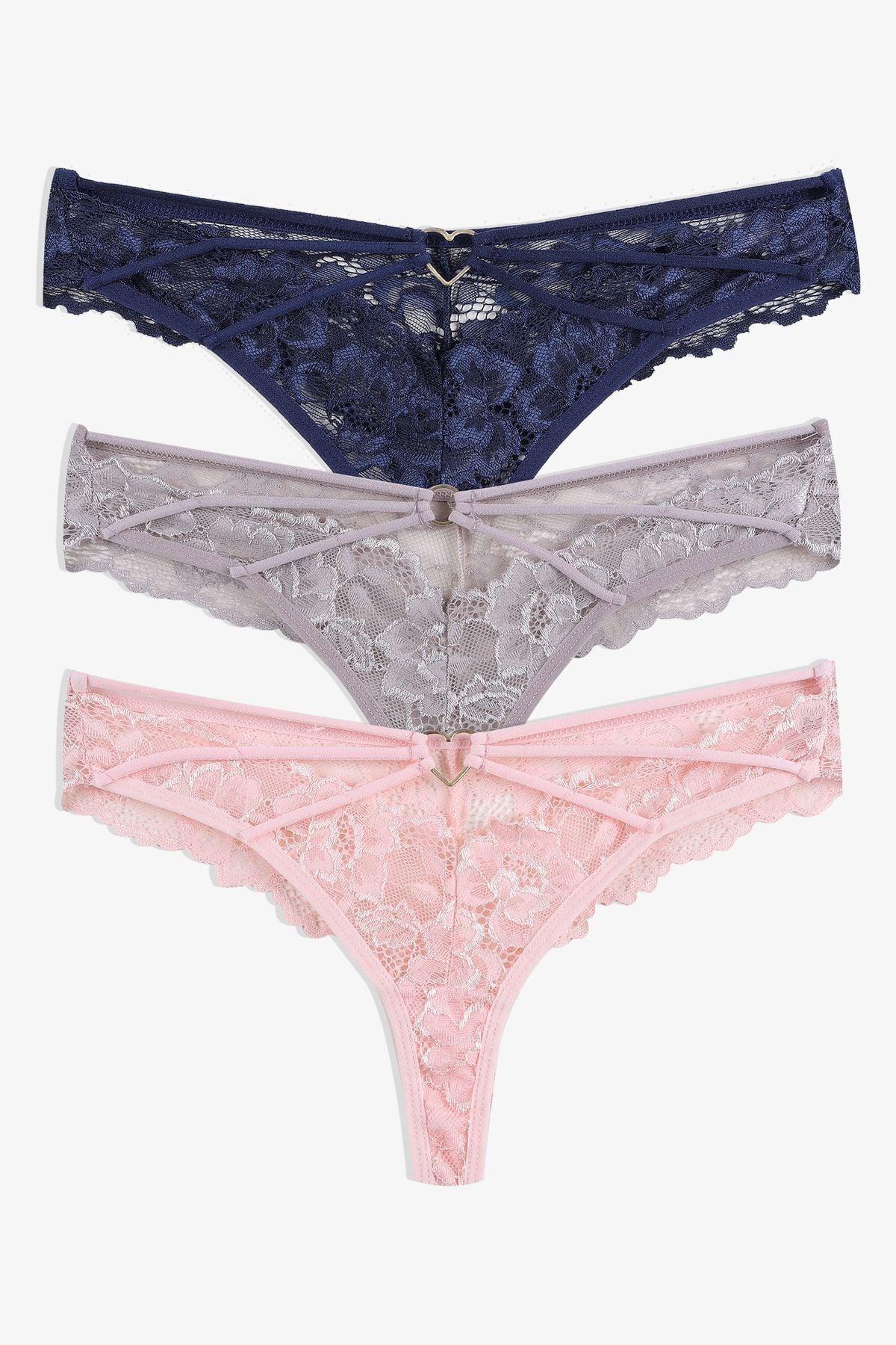 Kadın 3'lü Dantelli-İpli Fantezi Tanga lacivert-vizon-pudra - M