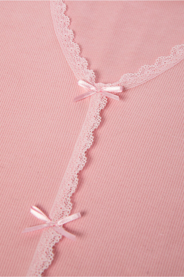 Sevgililer Günü Temalı Kadın Pamuklu Dantel ve Kurdele/Fiyonk Detaylı Kaşkorse Renkli Pijama Takımı S - Pembe