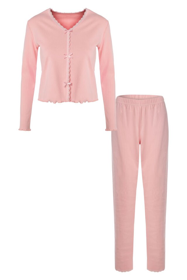 Sevgililer Günü Temalı Kadın Pamuklu Dantel ve Kurdele/Fiyonk Detaylı Kaşkorse Renkli Pijama Takımı S - Pembe