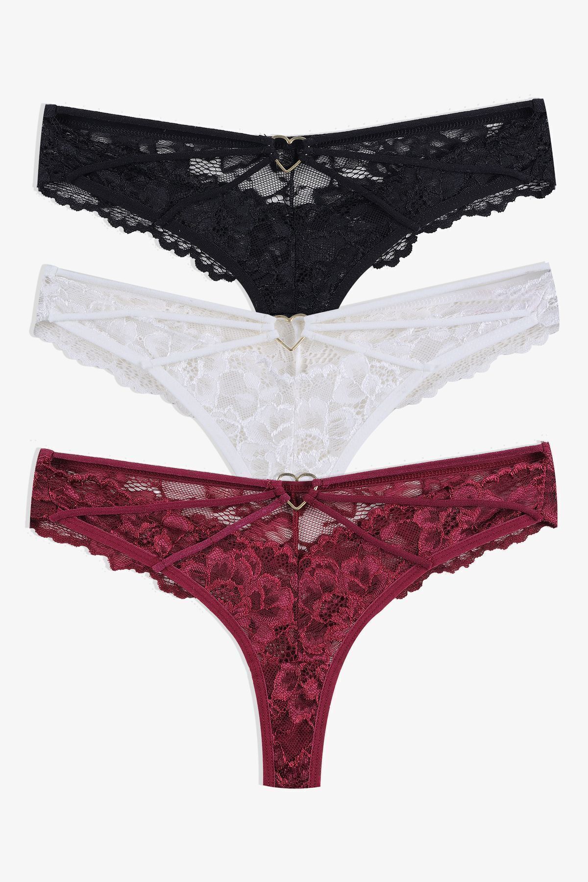 Kadın 3'lü Dantelli-İpli Fantezi Tanga siyah-beyaz-bordo - M