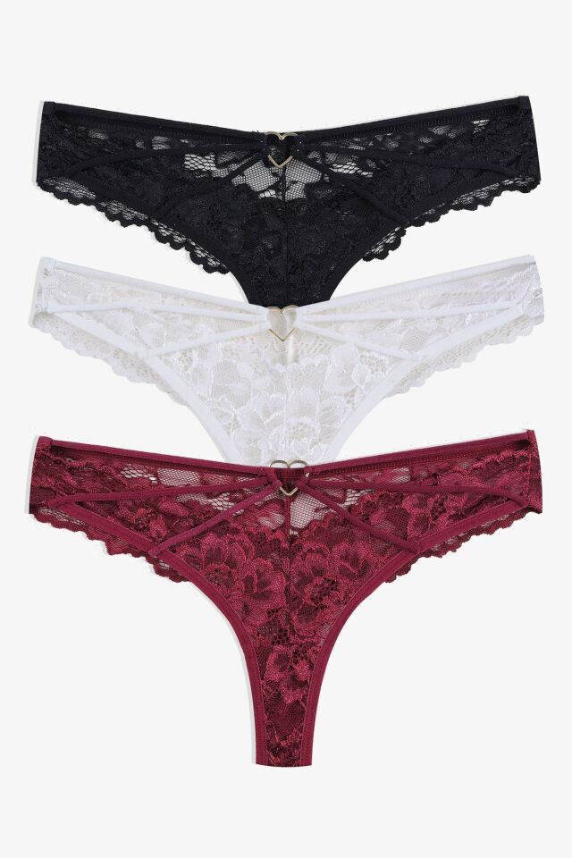 Kadın 3'lü Dantelli-İpli Fantezi Tanga siyah-beyaz-bordo - M