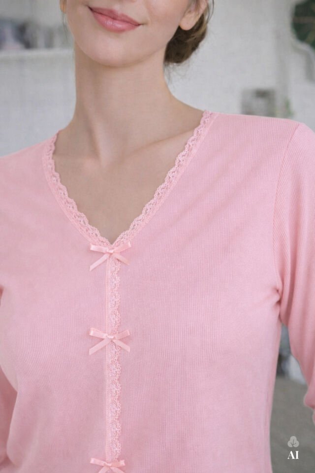 Sevgililer Günü Temalı Kadın Pamuklu Dantel ve Kurdele/Fiyonk Detaylı Kaşkorse Renkli Pijama Takımı M - Pembe