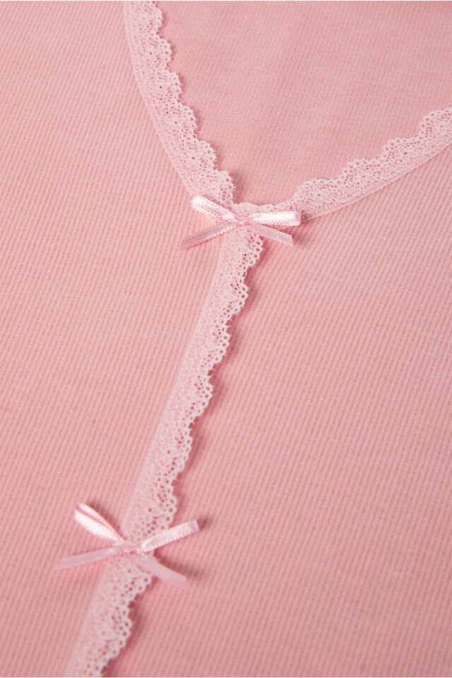 Sevgililer Günü Temalı Kadın Pamuklu Dantel ve Kurdele/Fiyonk Detaylı Kaşkorse Renkli Pijama Takımı L - Pembe